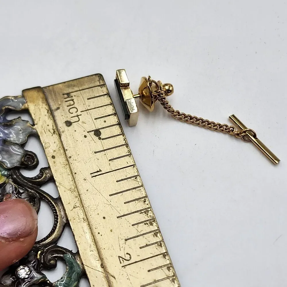 Vintage Genuine Onyx Inlaid Jade Quality ANSON Tie Tack Green Black Gentleman